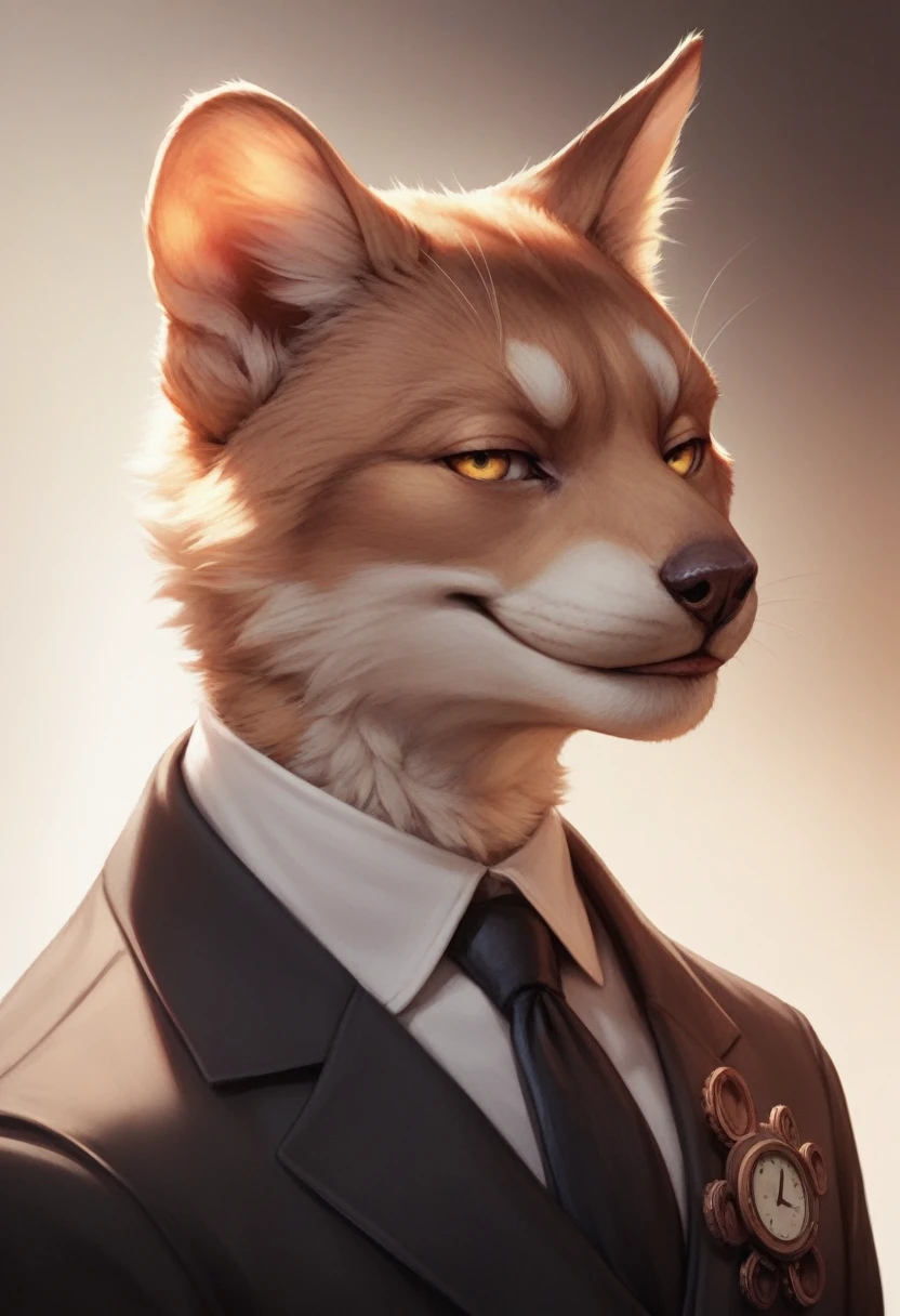 (furry art, uploaded on e621:1.4), 1boy, (solo_focus), (male:1.3) (furry:1.5) anthro, (upper body:1.3), on street, solo focus, detailed face, detailed eyes, (stylish haircut:1.4), detailed fluffy fur, fluffy tail, short hair, digitigrade, seductive pose, suit, fancy pants, digital painting, natural lighting, photorealistic (business suit:1.1), (smug face), smiling (cocky), steampunk