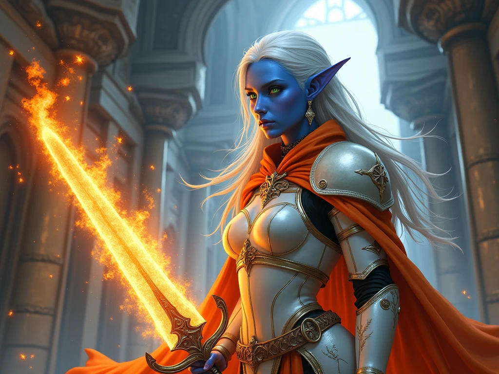 fantasy art, dnd art, RPG art, drkfntasy wide shot, (masterpiece: 1.4) portrait, intense details, highly detailed, photorealistic, best quality, highres, glowing particle portrait a vedalken female (fantasy art, Masterpiece, best quality: 1.3) (blue skin: 1.5), intense details facial details, exquisite beauty, (fantasy art, Masterpiece, best quality)cleric, (blue colored skin: 1.5) blue skinned female, (white hair: 1.3), long hair, intense green eye, (fantasy art, Masterpiece, best quality), (((no ears: 1.5))), armed a fiery sword red fire, wearing heavy (white: 1.3) half plate mail armor CM-Beautiful_armor wearing high heeled laced boots, wearing an(orange :1.3) cloak, wearing glowing holy symbol GLOWING EARRINGS, within fantasy temple background, reflection light, high details, best quality, 16k, [ultra detailed], masterpiece, best quality, (extremely detailed), close up, ultra wide shot, photorealistic, RAW, fantasy art, dnd art, fantasy art, realistic art, 