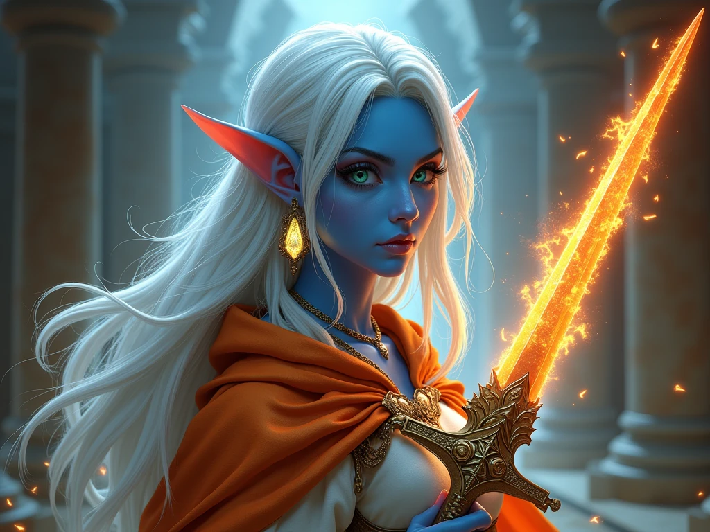 fantasy art, dnd art, RPG art, drkfntasy wide shot, (masterpiece: 1.4) portrait, intense details, highly detailed, photorealistic, best quality, highres, glowing particle portrait a vedalken female (fantasy art, Masterpiece, best quality: 1.3) (blue skin: 1.5), intense details facial details, exquisite beauty, (fantasy art, Masterpiece, best quality)cleric, (blue colored skin: 1.5) blue skinned female, (white hair: 1.3), long hair, intense green eye, (fantasy art, Masterpiece, best quality), (((no ears: 1.5))), armed a fiery sword red fire, wearing heavy (white: 1.3) half plate mail armor CM-Beautiful_armor wearing high heeled laced boots, wearing an(orange :1.3) cloak, wearing glowing holy symbol GLOWING EARRINGS, within fantasy temple background, reflection light, high details, best quality, 16k, [ultra detailed], masterpiece, best quality, (extremely detailed), close up, ultra wide shot, photorealistic, RAW, fantasy art, dnd art, fantasy art, realistic art, 