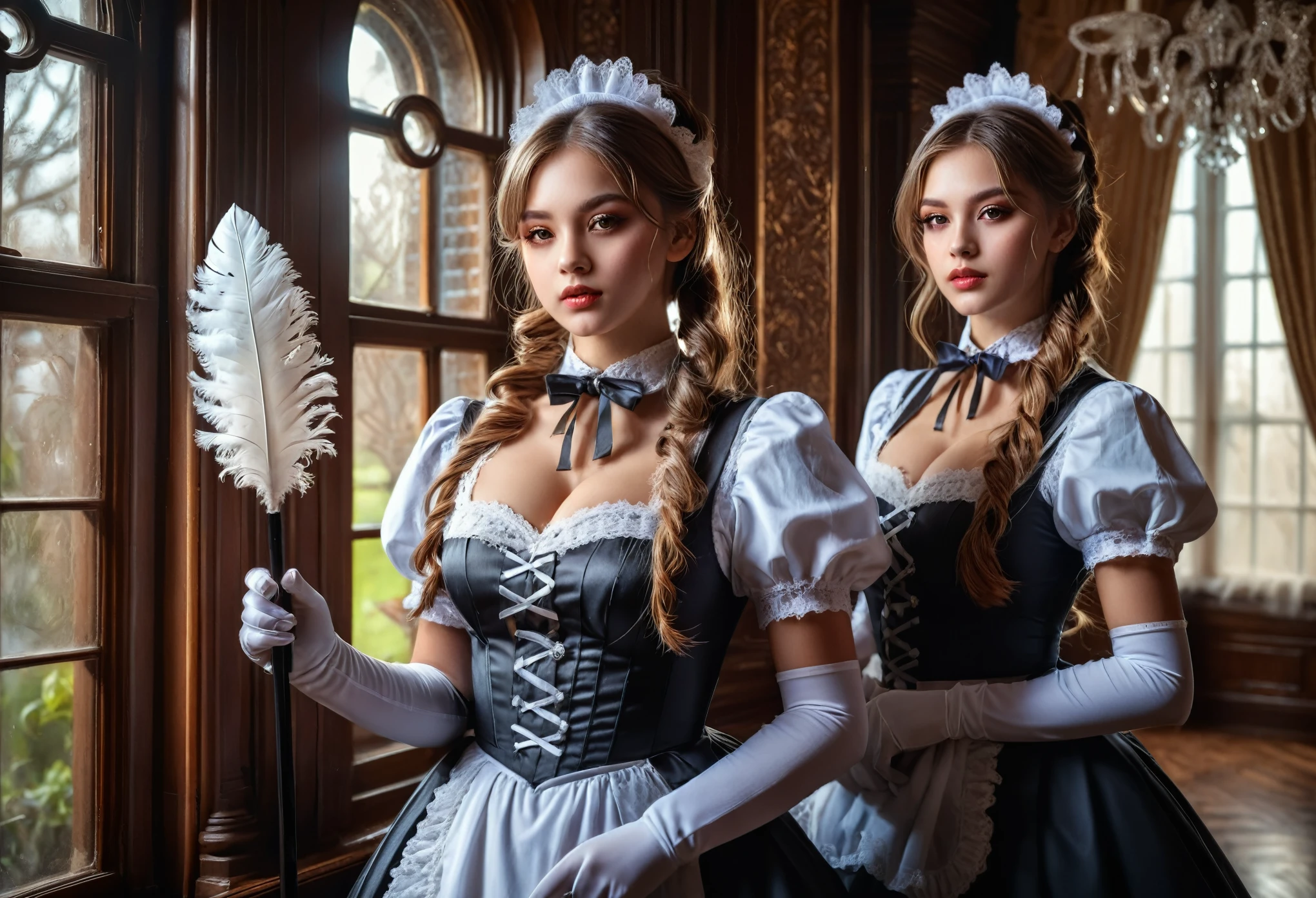 2girls, Maid Outfit, a beautiful maid with long flowing hair, detailed eyes, detailed lips, extremely detailed face, long eyelashes, intricate maid uniform with lace and ribbons, holding a feather duster, standing in a luxurious victorian-style room, window light, dramatic lighting, cinematic composition, highly detailed, photorealistic, 8k, masterpiece