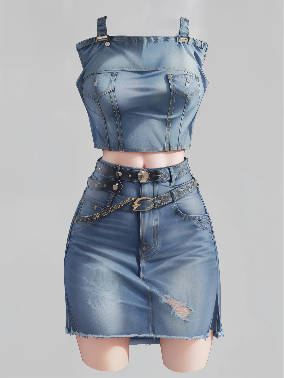 a close up of a denim skirt and crop top with a belt, mini jeans skirt, denim, intriguing outfit, sexy outfit, cut out, very sexy outfit, wearing crop top and miniskirt, wearing denim, double denim, blue outfit, fashion clothing, outfit design, complex outfit, with two front pockets, tight outfit, sexy look, top down view