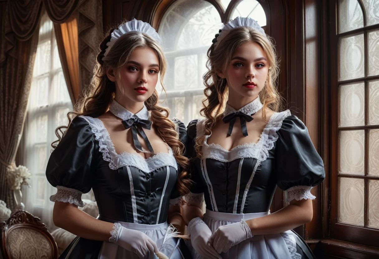 2girls, Maid Outfit, a beautiful maid with long flowing hair, detailed eyes, detailed lips, extremely detailed face, long eyelashes, intricate maid uniform with lace and ribbons, holding a feather duster, standing in a luxurious victorian-style room, window light, dramatic lighting, cinematic composition, highly detailed, photorealistic, 8k, masterpiece