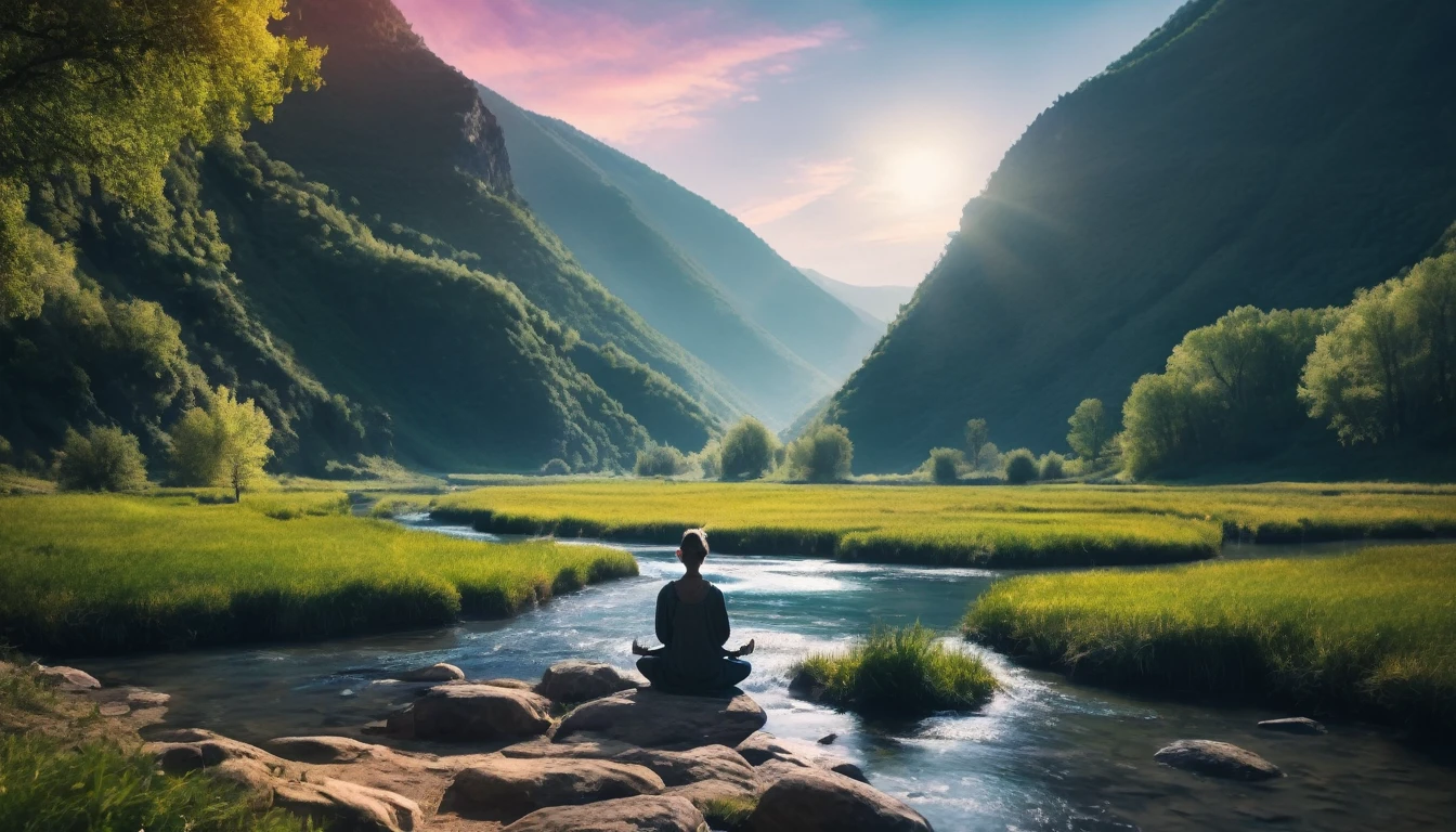 Person meditating. Loose Clothes. large and beautiful landscape of the small river valley. Dreamlike and fantastic world. Feeling of contemplation. Symbols of nature. strong and vibrant colors. cinematic lighting.