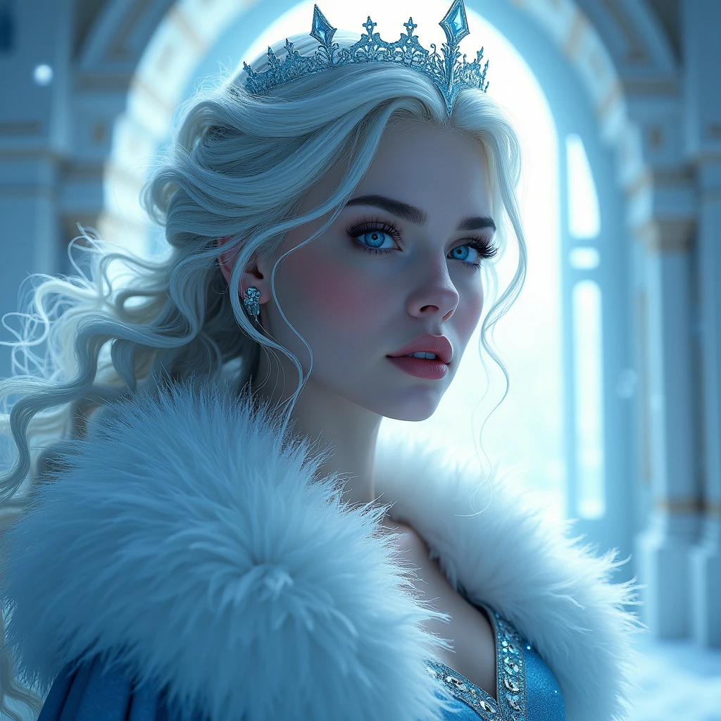 ice queen, kingdom, sun, high resolution, detailed, intricate, cinematic, epic, dramatic, fantasy, magical, mystical, winter, frozen, icicles, snowy, frosty, crystal clear, ultra detailed, photorealistic, 8k, masterpiece, concept art, portrait, beautiful detailed eyes, beautiful detailed lips, extremely detailed face and features, long eyelashes, flowing hair, elegant dress, regal pose, dramatic lighting, glowing aura, cold color palette, blue and white tones, shimmering ice crystals, ornate architecture, snow-covered landscape