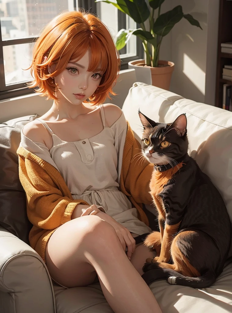 A cat with short orange hair and dark brown eyes