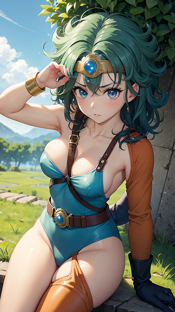 (((SFW、sound、Highest quality、First class work、Normal body、、Detailed face、Ultra-precision、Normal hand、通常のrefer to、5refer to、Highest)))、beautiful girl、Black Hair、yamato nadeshiko、Small breasts、Shortcuts、Blue leotard、Shoulder Off、Black paleo skirt、Red Cape、Circlet、Bastard sword、shield、Dragon Quest、grassland、Depict every detail、Noise is kept to a minimum