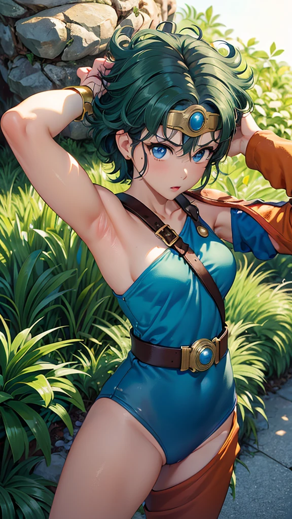 (((SFW、sound、Highest quality、First class work、Normal body、、Detailed face、Ultra-precision、Normal hand、通常のrefer to、5refer to、Highest)))、beautiful girl、Black Hair、yamato nadeshiko、Small breasts、Shortcuts、Blue leotard、Shoulder Off、Black paleo skirt、Red Cape、Circlet、Bastard sword、shield、Dragon Quest、grassland、Depict every detail、Noise is kept to a minimum、(((Put your hands on your head、Place your hands on your hips、Hands folded in front)))、(((Anatomically correct)))