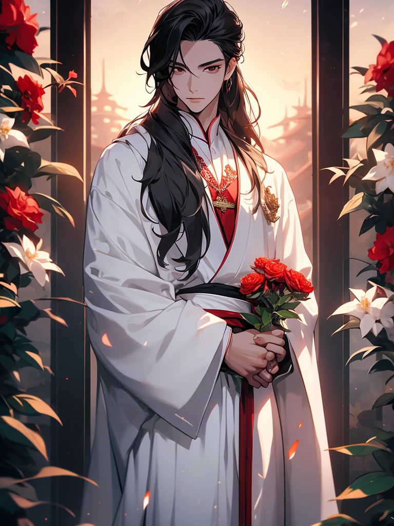 Chinese anime style, young man character looking at viewer, serious and delicate expression, androgynous young man, masterpiece, long dark hair fluttering decorated with a hairpin, long flowing white robes, short man, small waist, cherry lips, beautiful pale skin, masterpiece, perfect details, sad young man, detailed, Youthful appearance, Man holding a red flower with thorns wrapping his hands, sunset background, striking, maximum quality, cold expression, White flowers around, perfect fingers, young perfect body, bright eyes of different color, long eyelashes, White flowers around de la cabeza