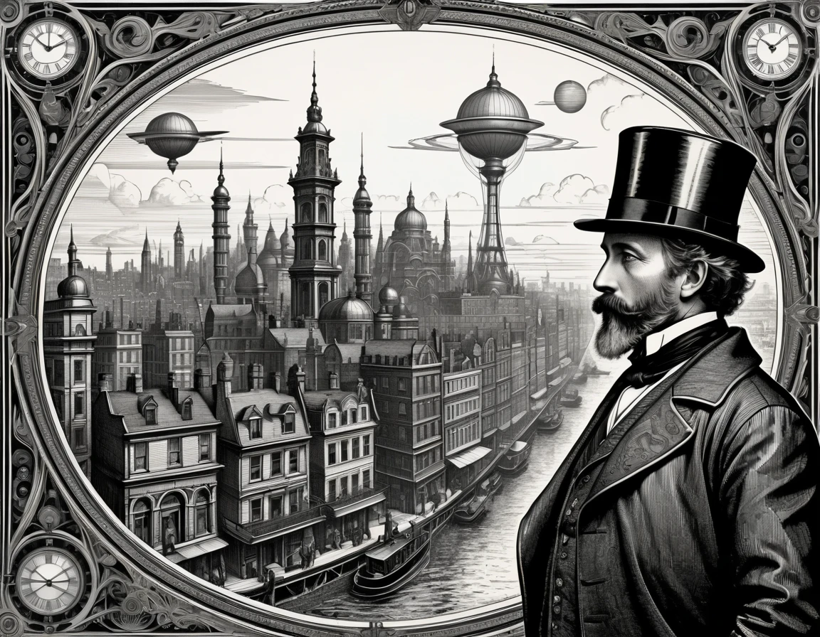 A (bewildered gentleman in Victorian attire:1.3) stands amidst a (futuristic cityscape:1.2), depicted in (19th-century engraving style:1.5). Detailed line work and cross-hatching. (Ornate frame border:1.2). Black and white. High contrast. Inspired by (Jules Verne book illustrations:1.4). Intricate details, sharp lines, vintage paper texture. Steampunk elements, clockwork motifs, hidden symbols. Adventure book cover style