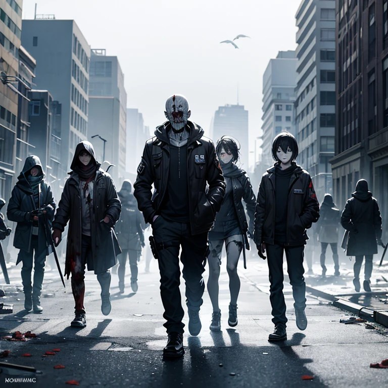 create a group of zombie walked through the destroyed city