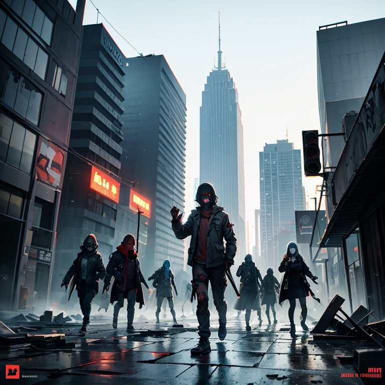 create a group of zombie walked through the destroyed city