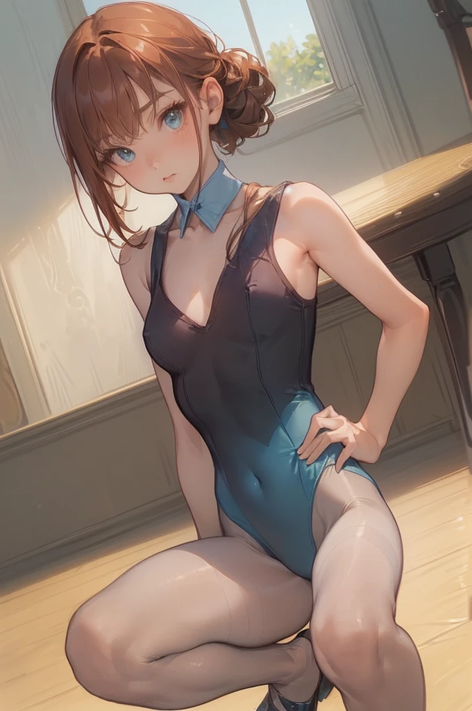 (masterpiece, best quality:1.2),((photoreal:1.2)),perfect anatomy,((solo:1.5)), ((alone:1.3)),((1 middle age woman:1.5)),((1 mature woman)),perfect eyes,Kycilia Zabi, ((looking at viewer:1.4)),((horizontal angle:1.4)),((straight-on)),((face and body straight at the camera:1.4)),(view from the front,lighting from front),((small breasts:1.4)),(sagging breasts:1.3),((Piutuary small breasts:1.2)),((muscular:1.1),((do not hide your crotch:1.4)),(cod lips),((squatting:1.3)),((spreading your legs wide:1.4)),((holding your head high)),((hands on hip bone:1.3)),(delicate and beautiful),dark brown red hair,dark orange hair,updo hair,chignon,detailed hair,,((aerobics leotards:1.3)),((lightblue leotards)),((high-leg cut leotards)),((V neck leotards:1.4)),(sleeveless leotards),((bare shoulders)),(spandex leotards),(beige nylon pantyhose),high heel