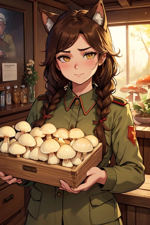..... soft, cute adult neko with cat ears, medium length luscious brown hair with 1 short braid near the face, yellow eyes,..... Pavilion of mushrooms and mushroom farming at the Exhibition of Economic Achievements of the USSR in Moscow during the Stalinist regime of Stalinism in 1935. The great Stalin is leading us to communism, he gave us happiness and freedom, he calls us to heroic deeds, great wise leader of the peoples. Long live the mushroom industry of the Soviet Union! Mushroom stands, Red flags, Mushrooms .... ....... ..... soft, cute adult neko with cat ears, medium length luscious brown hair with 1 short braid near the face, yellow eyes, olive administrative uniform .....