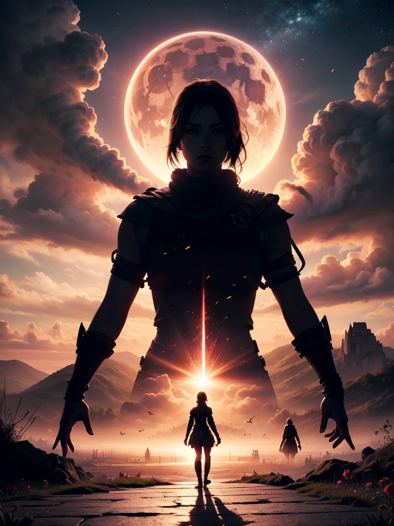 Anime aesthetics, Fantasy Landscape, Medieval Cathedral, Broken wall, Tall old wooden door, Black Old Brooks, Broken road leading to the old cathedral, Red Solar Eclipse, Many pink flowers with pointed petals, Dark Souls 3 Eclipse, Wide Shot, Front view, Violent Solar Eclipse, Tragic atmosphere, Sad mood, 4K, masterpiece:1.4, Highest quality,4K,High resolution ultra-detail, retina