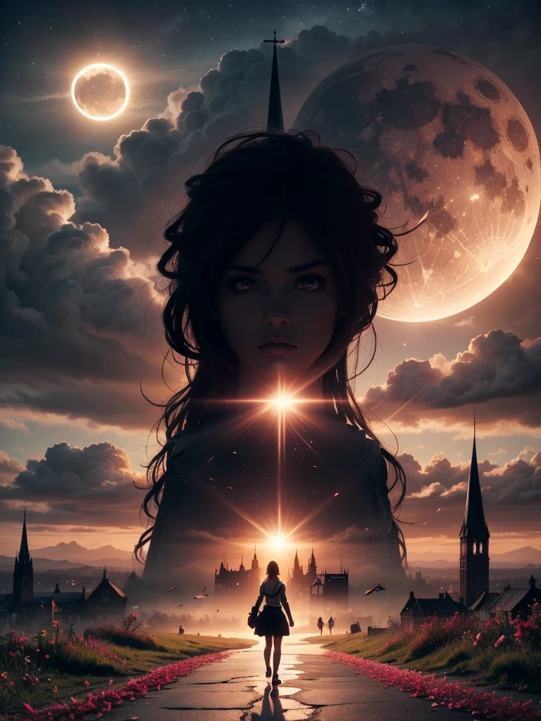 Anime aesthetics, Fantasy Landscape, Medieval Cathedral, Broken wall, Tall old wooden door, Black Old Brooks, Broken road leading to the old cathedral, Red Solar Eclipse, Many pink flowers with pointed petals, Dark Souls 3 Eclipse, Wide Shot, Front view, Violent Solar Eclipse, Tragic atmosphere, Sad mood, 4K, masterpiece:1.4, Highest quality,4K,High resolution ultra-detail, retina