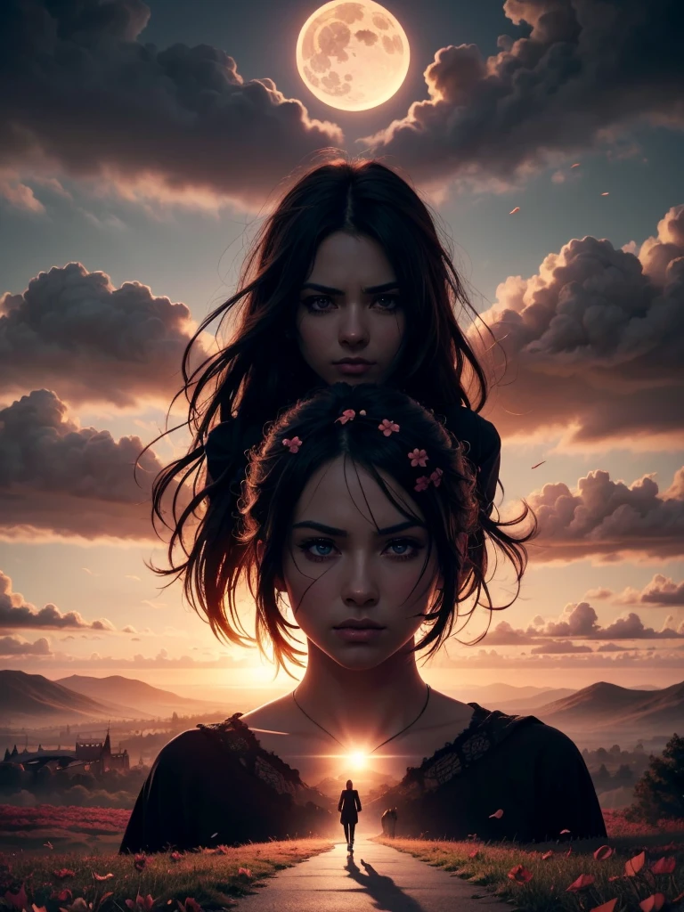 Anime aesthetics, Fantasy Landscape, Medieval Cathedral, Broken wall, Tall old wooden door, Black Old Brooks, Broken road leading to the old cathedral, Red Solar Eclipse, Many pink flowers with pointed petals, Dark Souls 3 Eclipse, Wide Shot, Front view, Violent Solar Eclipse, Tragic atmosphere, Sad mood, 4K, masterpiece:1.4, Highest quality,4K,High resolution ultra-detail, retina