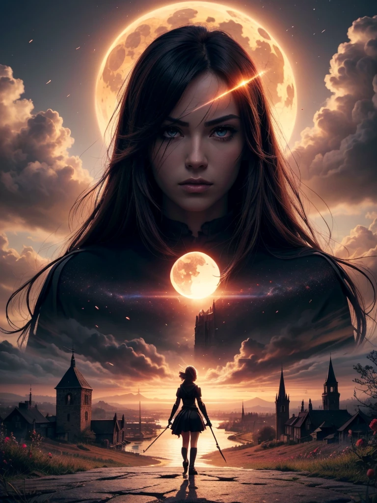 Anime aesthetics, Fantasy Landscape, Medieval Cathedral, Broken wall, Tall old wooden door, Black Old Brooks, Broken road leading to the old cathedral, Red Solar Eclipse, Many pink flowers with pointed petals, Dark Souls 3 Eclipse, Wide Shot, Front view, Violent Solar Eclipse, Tragic atmosphere, Sad mood,   4K, masterpiece:1.4, Highest quality,4K,High resolution ultra-detail, retina