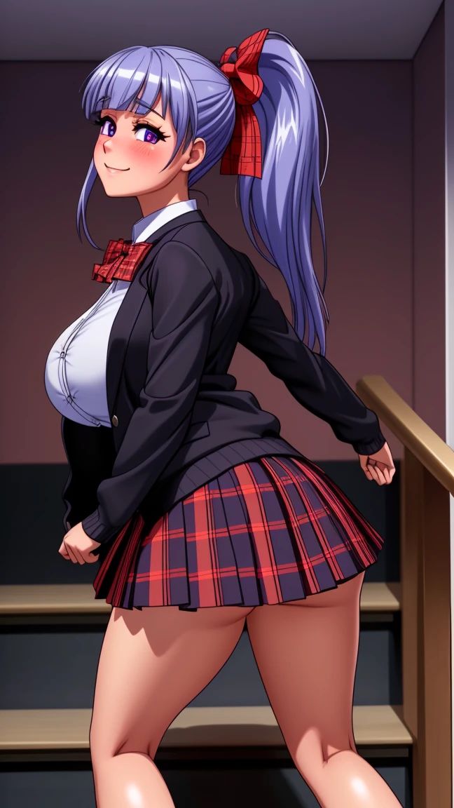 ((mesa, Best Quality, High resolution, NffSW, pixel perfect, 4k, NffSW, NffSW))), 1 girl in, single, Alone, beauty、full body seen、 ((Long shiny straight hair, hits, For the blue, with a ponytail and a red ribbon in her hair)), ((with purple eyes, Beautiful eyelashes, realistic eyes)), ((detailed face, blush:1.2)), ((Smooth texture:0.75, realistic texture:0.65, photorealistic:1.1, cg anime style)), big breasts, dynamic angle, perfect body, ((red bow tie, School uniform, black jacket, open jacket, brown cardigan, White shirt, black skirt, plaid skirts)), city staircase、Looking up from the bottom of the stairs.、Very embarrassing panic smile., turned around、bending forward、Touch the buttocks with both hands、round butt tits, perfect curves.