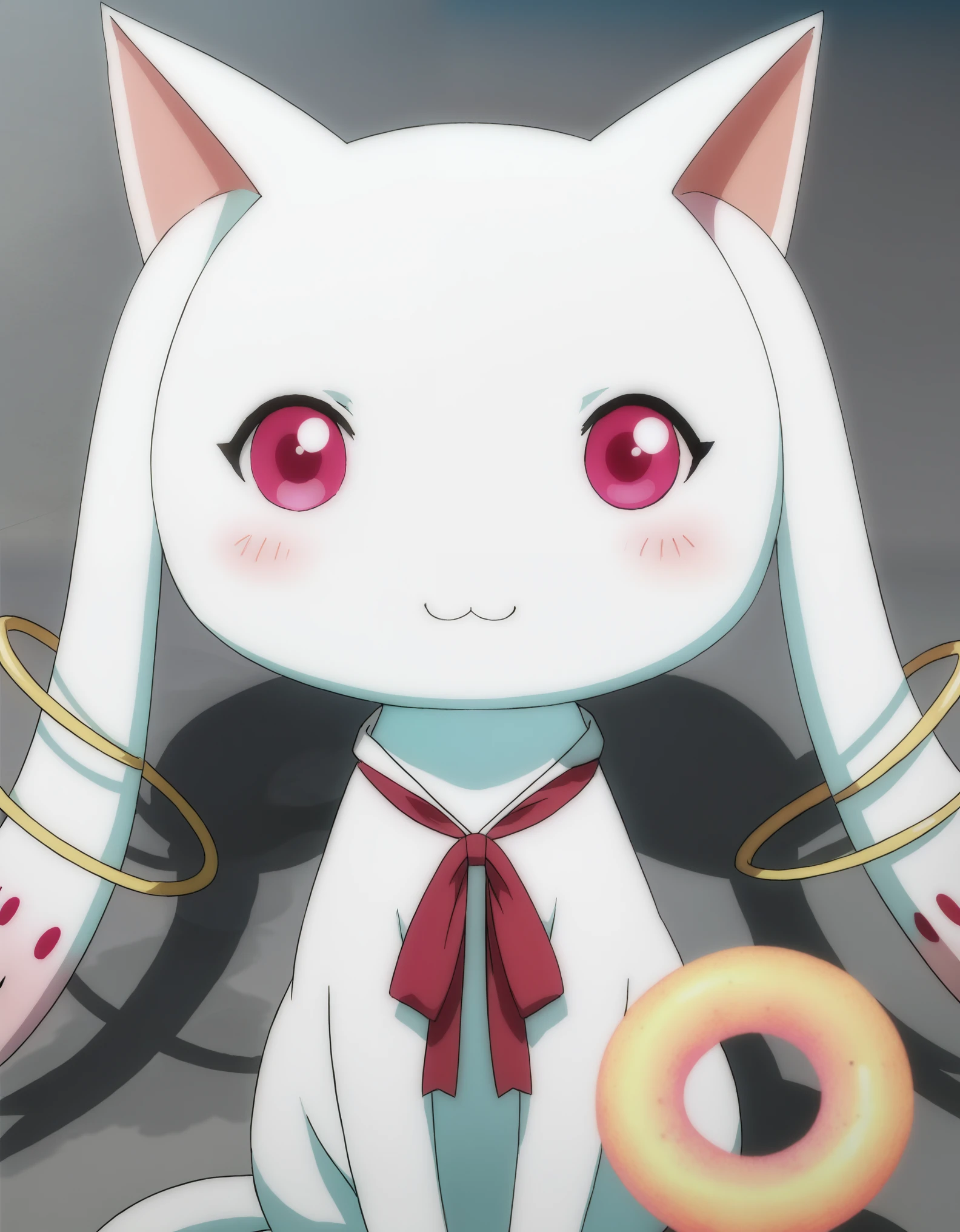 kyubey, eye close-up, :3, glowing, no humans, rating safe, solo, 1girl, rating all, school uniform, looking at viewer, tail, blue sky, cloud, day, sky, smile, close-up, head out of frame, mitakihara school uniform, grey background, shadow, reflection, checkered floor, lying, creature, blush, bow, short twintails, twintails, eye focus, abstract, doughnut, food, space