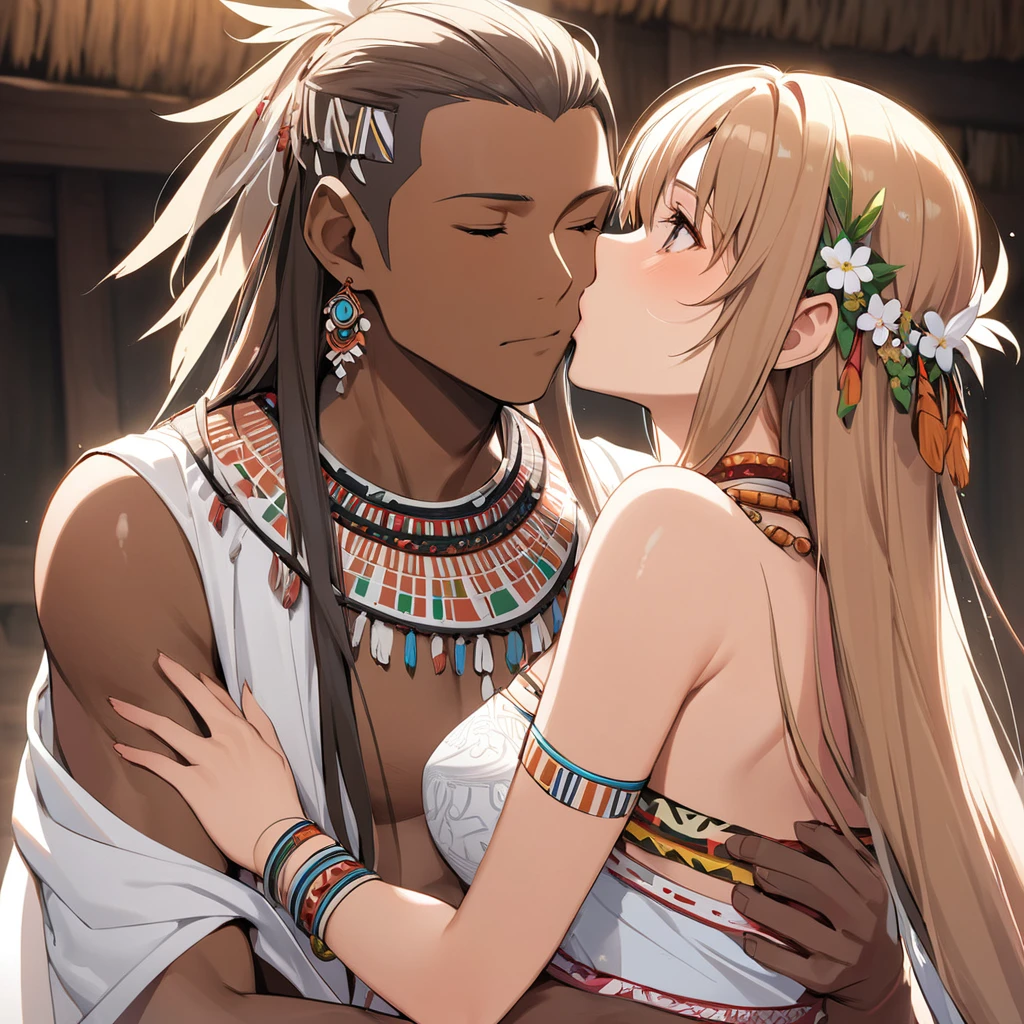 ((Highest quality)), ((masterpiece)), (detailed), （Perfect Face）、Asuna Yuuki, her light brown, medium-long hair is styled in a tribal style and in an African tribal village, she is dressed in tribal clothing, tribal accessories, and tribal makeup by black-skinned African native men, turning her into a tribal woman.、The woman is dressed in a gorgeous tribal wedding dress and is adorned with tribal accessories, becomes the wife of a tribal man, embraces him, kisses him in oath, and has a wedding ceremony. She is beautifully decorated as a bride in both name and reality, and becomes a tribal woman.、The woman gives up and accepts becoming the wife of a tribal man and accepts in body and mind that she will live as a tribal woman.