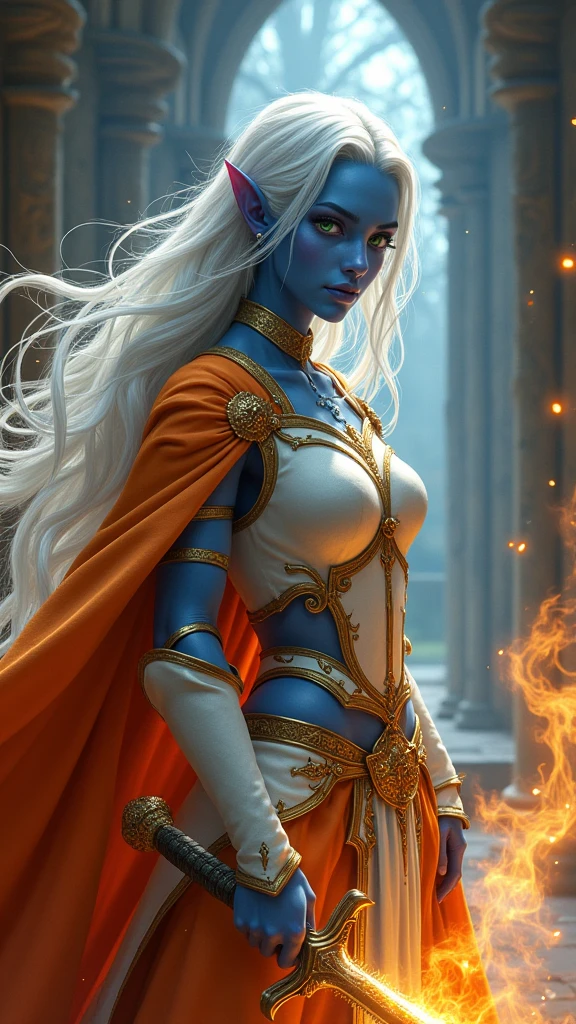 fantasy art, dnd art, RPG art, drkfntasy wide shot, (masterpiece: 1.4) portrait, intense details, highly detailed, photorealistic, best quality, highres, glowing particle portrait a vedalken female (fantasy art, Masterpiece, best quality: 1.3) (blue skin: 1.5), intense details facial details, exquisite beauty, (fantasy art, Masterpiece, best quality)cleric, (blue colored skin: 1.5) blue skinned female, (white hair: 1.3), long hair, intense green eye, (fantasy art, Masterpiece, best quality), (((no ears: 1.5))), armed a fiery sword red fire, wearing heavy (white: 1.3) half plate mail armor CM-Beautiful_armor wearing high heeled laced boots, wearing an(orange :1.3) cloak, wearing glowing holy symbol, within fantasy temple background, reflection light, high details, best quality, 16k, [ultra detailed], masterpiece, best quality, (extremely detailed), close up, ultra wide shot, photorealistic, RAW, fantasy art, dnd art, fantasy art, realistic art, 