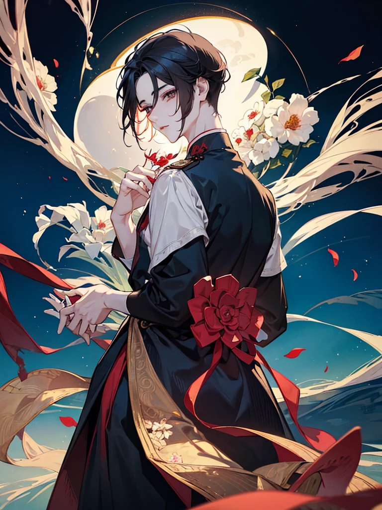 Chinese anime style, young man character with his back looking at the viewer, serious and delicate expression, androgynous young man, masterpiece, long dark hair fluttering decorated with a hairpin, long flowing white robes, short man, small waist, cherry lips, beautiful pale skin, masterpiece, perfect details, sad young man, detailed, Youthful appearance, Man holding a red flower with thorns wrapping his hands, sunset background, striking, maximum quality, cold expression, White flowers around, perfect fingers, young perfect body, bright eyes of different color, long eyelashes, White flowers around de la cabeza