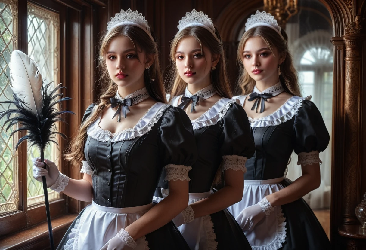 2girls, Maid Outfit, a beautiful maid with long straight hair, detailed eyes, detailed lips, extremely detailed face, long eyelashes, intricate maid uniform with lace and ribbons, holding a feather duster, standing in a luxurious victorian-style room, window light, dramatic lighting, cinematic composition, highly detailed, photorealistic, 8k, masterpiece
