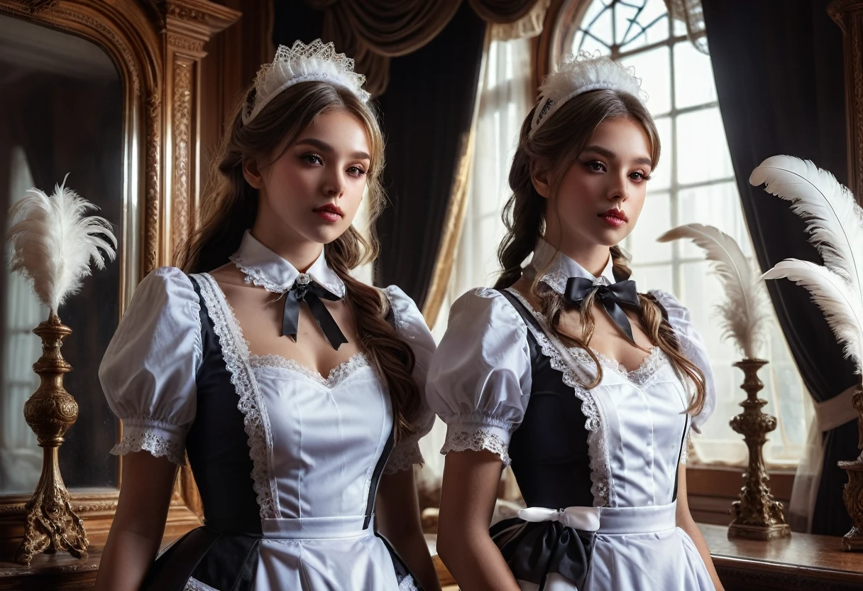 2girls, Maid Outfit, a beautiful maid with long straight hair, detailed eyes, detailed lips, extremely detailed face, long eyelashes, intricate maid uniform with lace and ribbons, holding a feather duster, standing in a luxurious victorian-style room, window light, dramatic lighting, cinematic composition, highly detailed, photorealistic, 8k, masterpiece