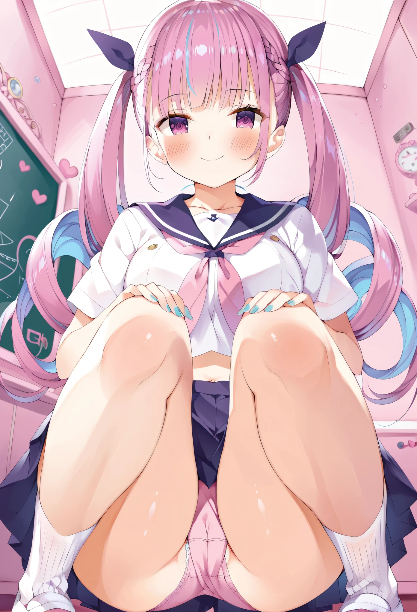 (Unfiltering),(masterpiece,Highest quality,Ultra-high resolution),((Perfect Face, Perfect body、Perfect hands,Beautiful Eyes)),(whole body)、Minato_aqua, twintails, drill hair,((JK、Sailor suit、Pleated skirt、school uniform))、(blush、Shyness、Panic look、panic),Cute underwear with pink frills,squat、From below、School