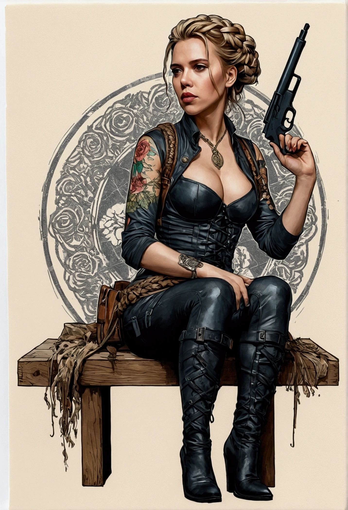 Scarlett Johansson sticker of a braided blonde costume full body image of a beautiful woman sitting and holding a glock, knee tights, Sugar Skull, arte banksy, rosas, caveiras, liberdade, soul, digital illustation, comiс style, steampunk , Approaching perfection, dynamic, altamente detalhado, pintura em aquarela, artstation, arte conceitual, suave, foco nítido, illustration, arte por Carne Griffiths e Wadim Kashin, ((small brea