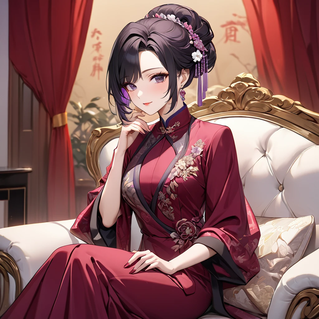((Highest quality)), ((masterpiece)), (detailed), (Perfect Face)、The woman is a Chinese woman named Kocho Shinobu.。, Purple gradient bob black hair and formal evening hairstyles. She is wearing an engagement ring. She is a prominent member of the Chinese Communist Party.、She is the wife of a great old Communist Party official.、The woman is beautifully dressed in a gorgeous and glamorous red formal suit, typical of the Chinese Communist Party.、A poised and elegant Chinese lady sitting on a plush sofa in a luxurious room