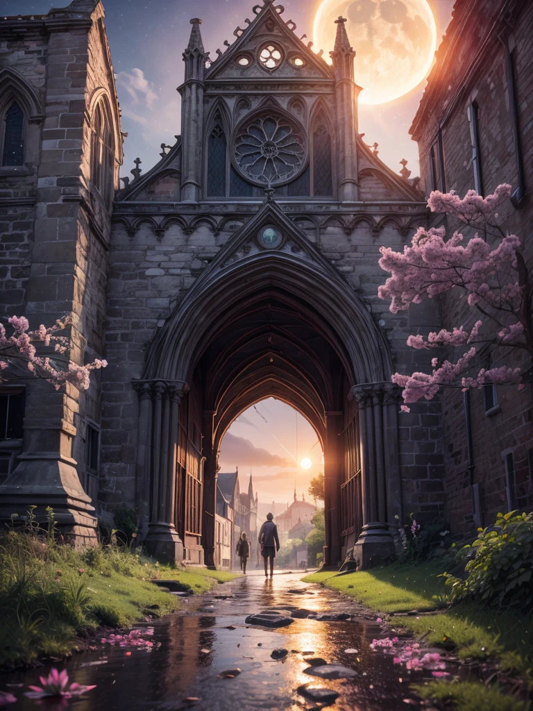 Anime aesthetics, Fantasy Landscape, Medieval Cathedral, Broken wall, Tall old wooden door, Black Old Brooks, Broken road leading to the old cathedral, Red Solar Eclipse, Many pink flowers with pointed petals, Dark Souls 3 Eclipse, Wide Shot, Front view, Violent Solar Eclipse, Tragic atmosphere, Sad mood,   4K, masterpiece:1.4, Highest quality,4K,High resolution ultra-detail, retina