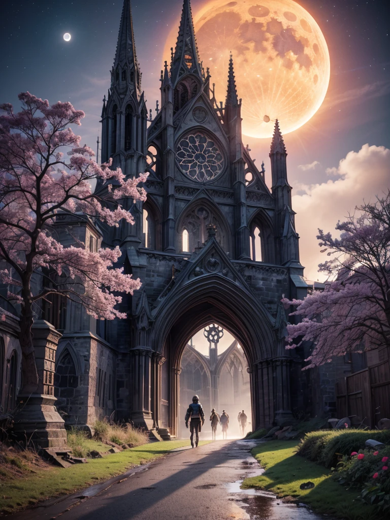 Anime aesthetics, Fantasy Landscape, Medieval Cathedral, Broken wall, Tall old wooden door, Black Old Brooks, Broken road leading to the old cathedral, Red Solar Eclipse, Many pink flowers with pointed petals, Dark Souls 3 Eclipse, Wide Shot, Front view, Violent Solar Eclipse, Tragic atmosphere, Sad mood, 4K, masterpiece:1.4, Highest quality,4K,High resolution ultra-detail, retina