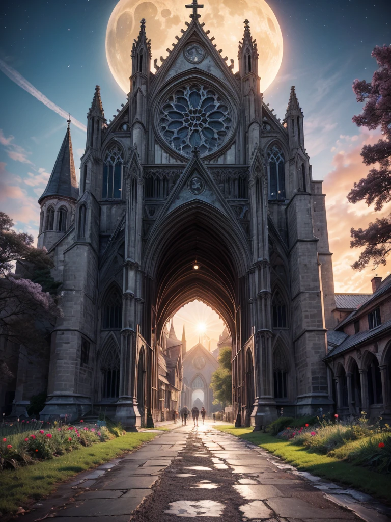 Anime aesthetics, Fantasy Landscape, Medieval Cathedral, Broken wall, Tall old wooden door, Black Old Brooks, Broken road leading to the old cathedral, Red Solar Eclipse, Many pink flowers with pointed petals, Dark Souls 3 Eclipse, Wide Shot, Front view, Violent Solar Eclipse, Tragic atmosphere, Sad mood, 4K, masterpiece:1.4, Highest quality,4K,High resolution ultra-detail, retina