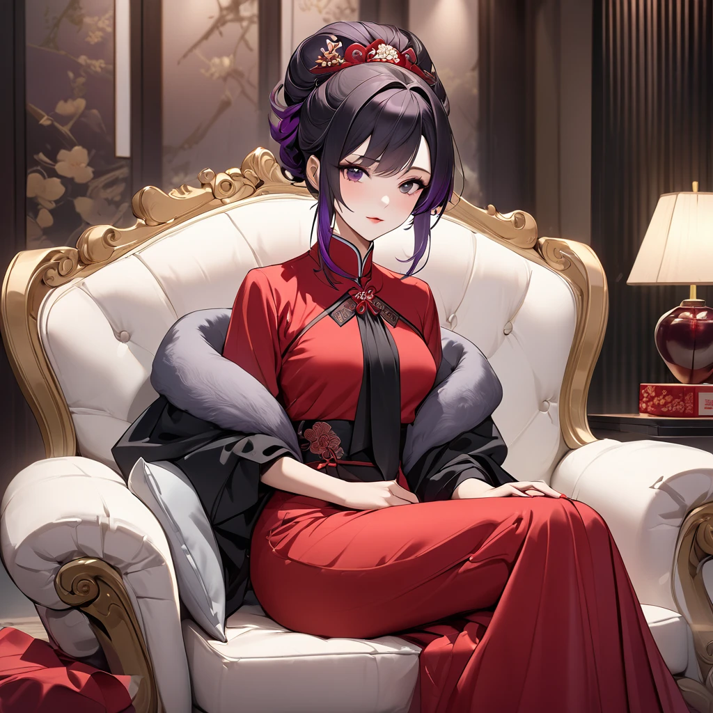 ((Highest quality)), ((masterpiece)), (detailed), (Perfect Face)、The woman is a Chinese woman named Kocho Shinobu.。, Purple gradient bob black hair and formal evening hairstyles. She is wearing an engagement ring. She is a prominent member of the Chinese Communist Party.、She is the wife of a great old Communist Party official.、The woman is beautifully dressed in the gorgeous and glamorous red costume of the Chinese Communist Party.、A poised and elegant Chinese lady sitting on a plush sofa in a luxurious room