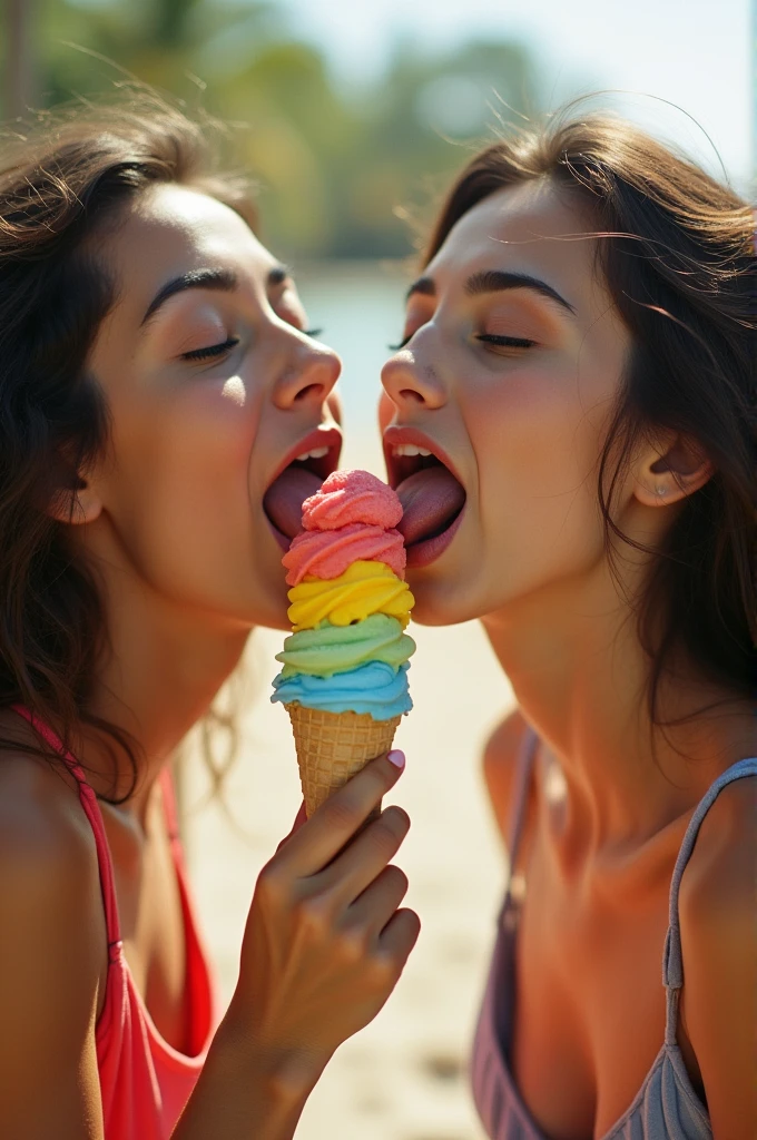 Medium format analog photography, Playful moment captured between two Instagram models, Symmetrical composition, Both models licking same ice cream, Tongues out, Eyes closed, Vibrant ice cream colors, Summer setting, Bright sunlight, Shot with a Canon AE-1, 50mm f/1.8 lens, Soft background blur,