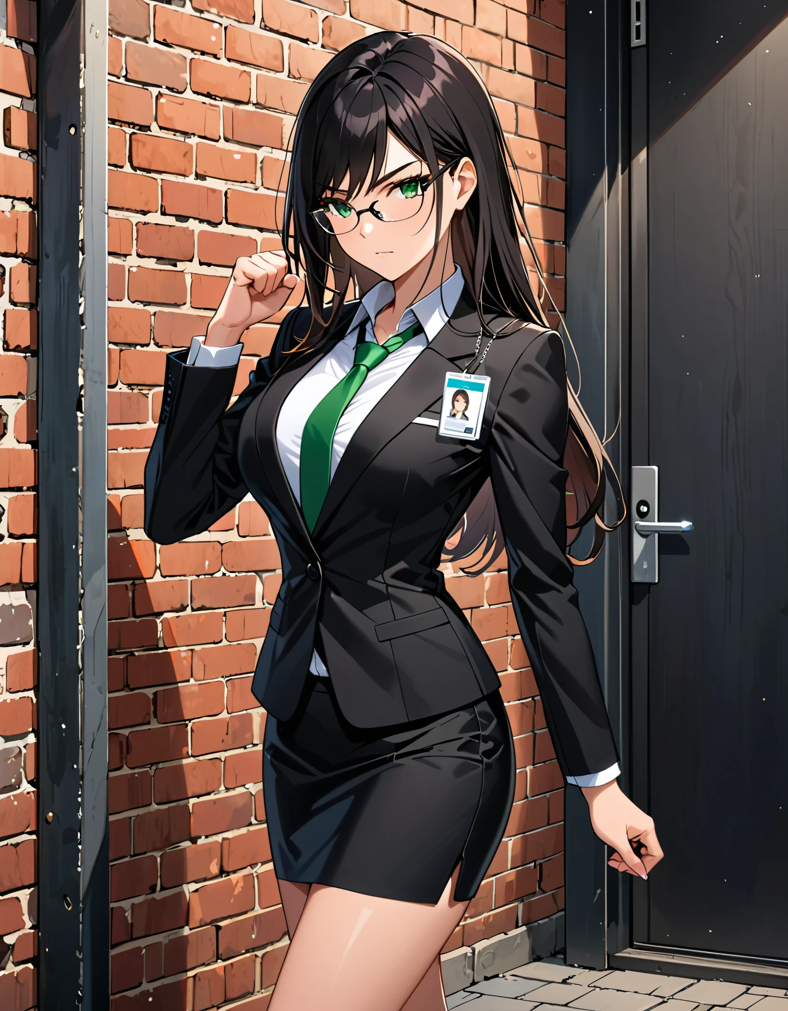 (masterpiece), (best quality), (high res), 1lady, tall body, beautiful detailed eyes, beautiful detailed face, glasses, confident look, perfect hands, complete fingers, perfect anatomy, perfect proportions, ((jet black hair, medium hair, hair down)), ((green eyes)), ((black suit and tie, necktie, reporter's id card necklace)), (white shirt), ((pencil skirt, miniskirt, bare legs)), ((shoes, matching shoes, high heels)), breasts, medium breasts, (close-up), looking away, standing, clenched fist, serious, solo, solo focus, cowboy shot, brick wall, full body costume design.