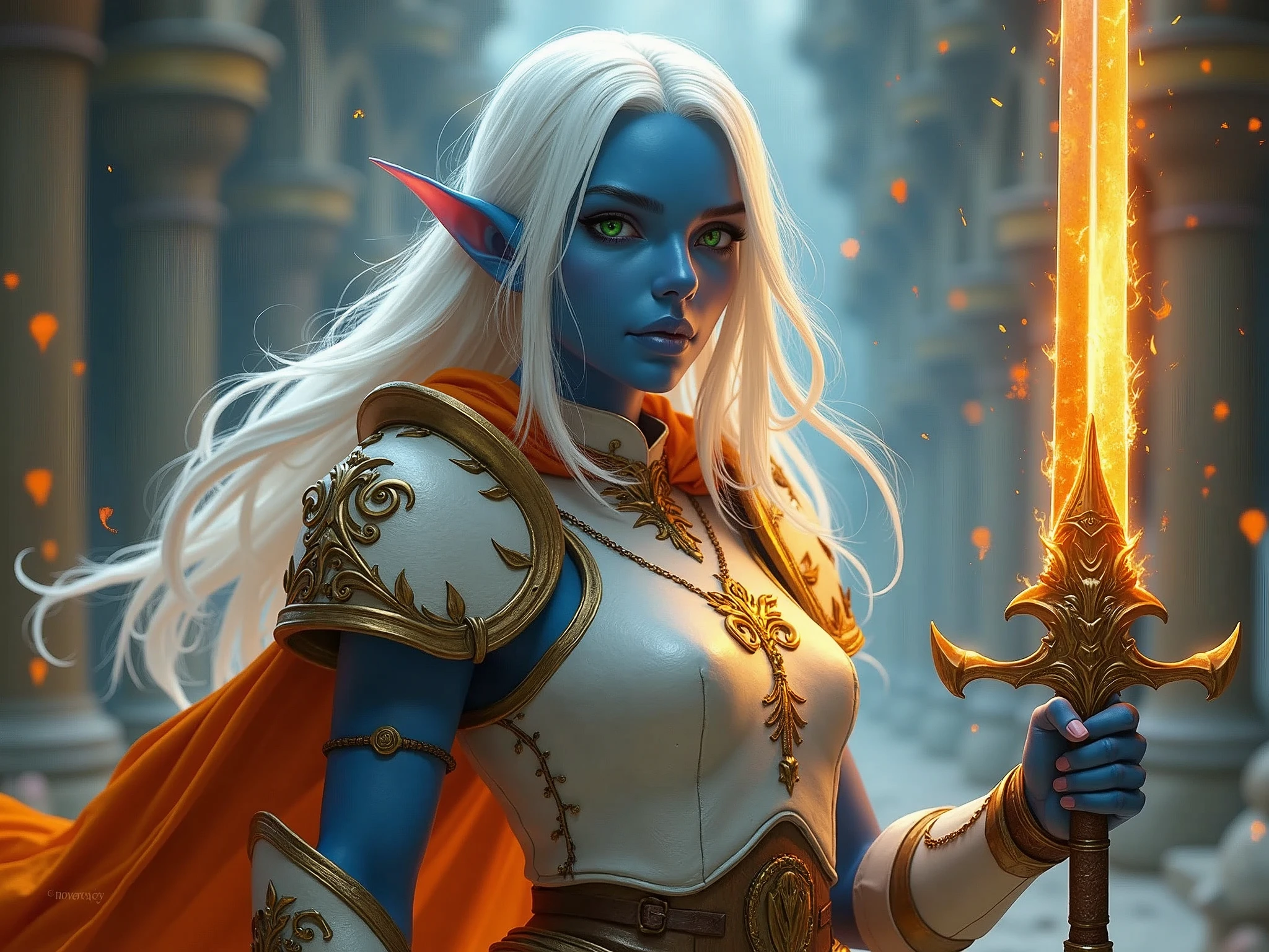 fantasy art, dnd art, RPG art, drkfntasy wide shot, (masterpiece: 1.4) portrait, intense details, highly detailed, photorealistic, best quality, highres, glowing particle portrait a vedalken female (fantasy art, Masterpiece, best quality: 1.3) (blue skin: 1.5), intense details facial details, exquisite beauty, (fantasy art, Masterpiece, best quality)cleric, (blue colored skin: 1.5) blue skinned female, (white hair: 1.3), long hair, intense green eye, (fantasy art, Masterpiece, best quality), (((no ears: 1.5))), armed a fiery sword red fire, wearing heavy (white: 1.3) half plate mail armor CM-Beautiful_armor wearing high heeled laced boots, wearing an(orange :1.3) cloak, wearing glowing holy symbol, within fantasy temple background, reflection light, high details, best quality, 16k, [ultra detailed], masterpiece, best quality, (extremely detailed), close up, ultra wide shot, photorealistic, RAW, fantasy art, dnd art, fantasy art, realistic art, 