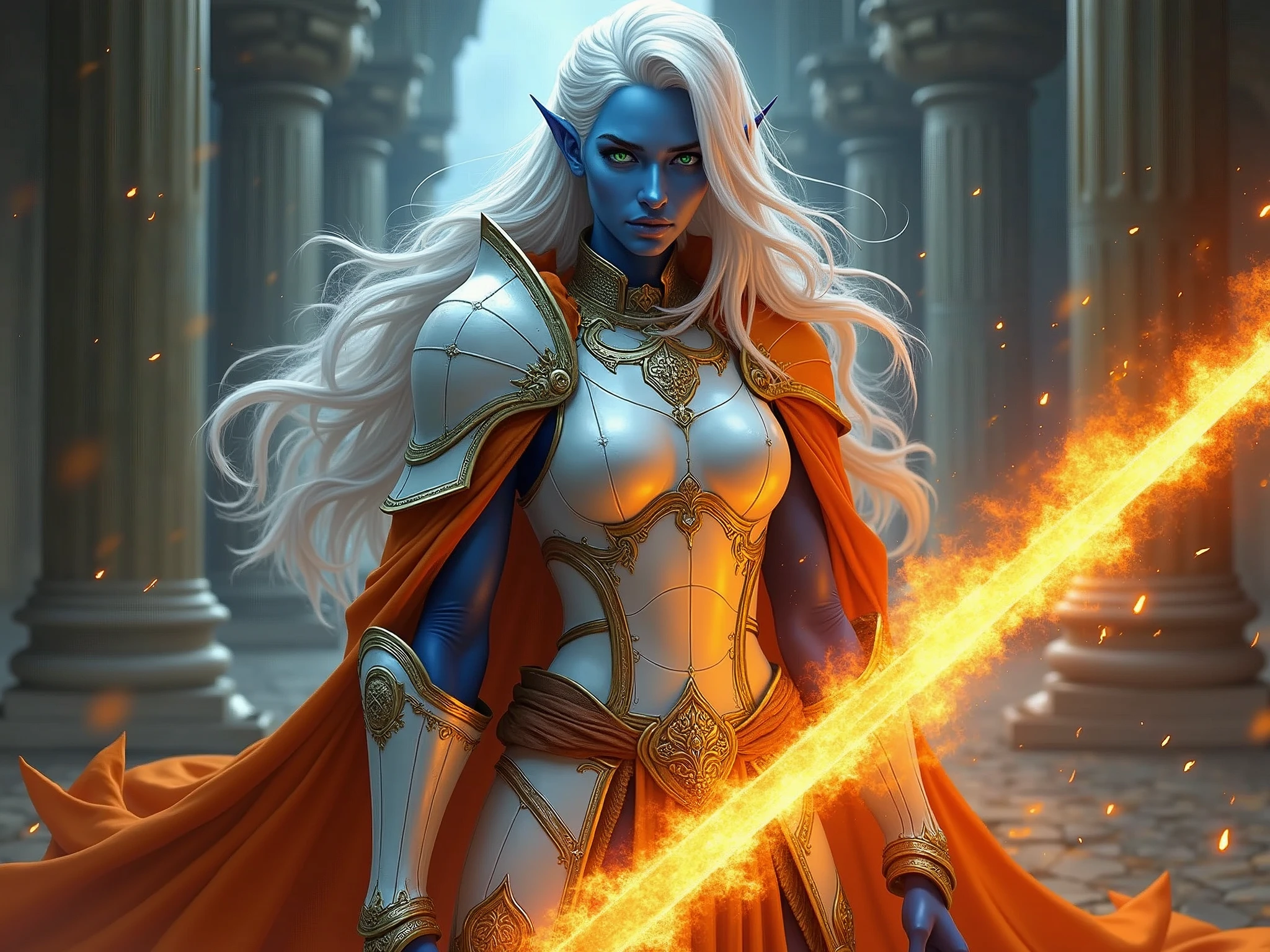 fantasy art, dnd art, RPG art, drkfntasy wide shot, (masterpiece: 1.4) portrait, intense details, highly detailed, photorealistic, best quality, highres, glowing particle portrait a vedalken female (fantasy art, Masterpiece, best quality: 1.3) (blue skin: 1.5), intense details facial details, exquisite beauty, (fantasy art, Masterpiece, best quality)cleric, (blue colored skin: 1.5) blue skinned female, (white hair: 1.3), long hair, intense green eye, (fantasy art, Masterpiece, best quality), (((no ears: 1.5))), armed a fiery sword red fire, wearing heavy (white: 1.3) half plate mail armor CM-Beautiful_armor wearing high heeled laced boots, wearing an(orange :1.3) cloak, wearing glowing holy symbol, within fantasy temple background, reflection light, high details, best quality, 16k, [ultra detailed], masterpiece, best quality, (extremely detailed), close up, ultra wide shot, photorealistic, RAW, fantasy art, dnd art, fantasy art, realistic art, 