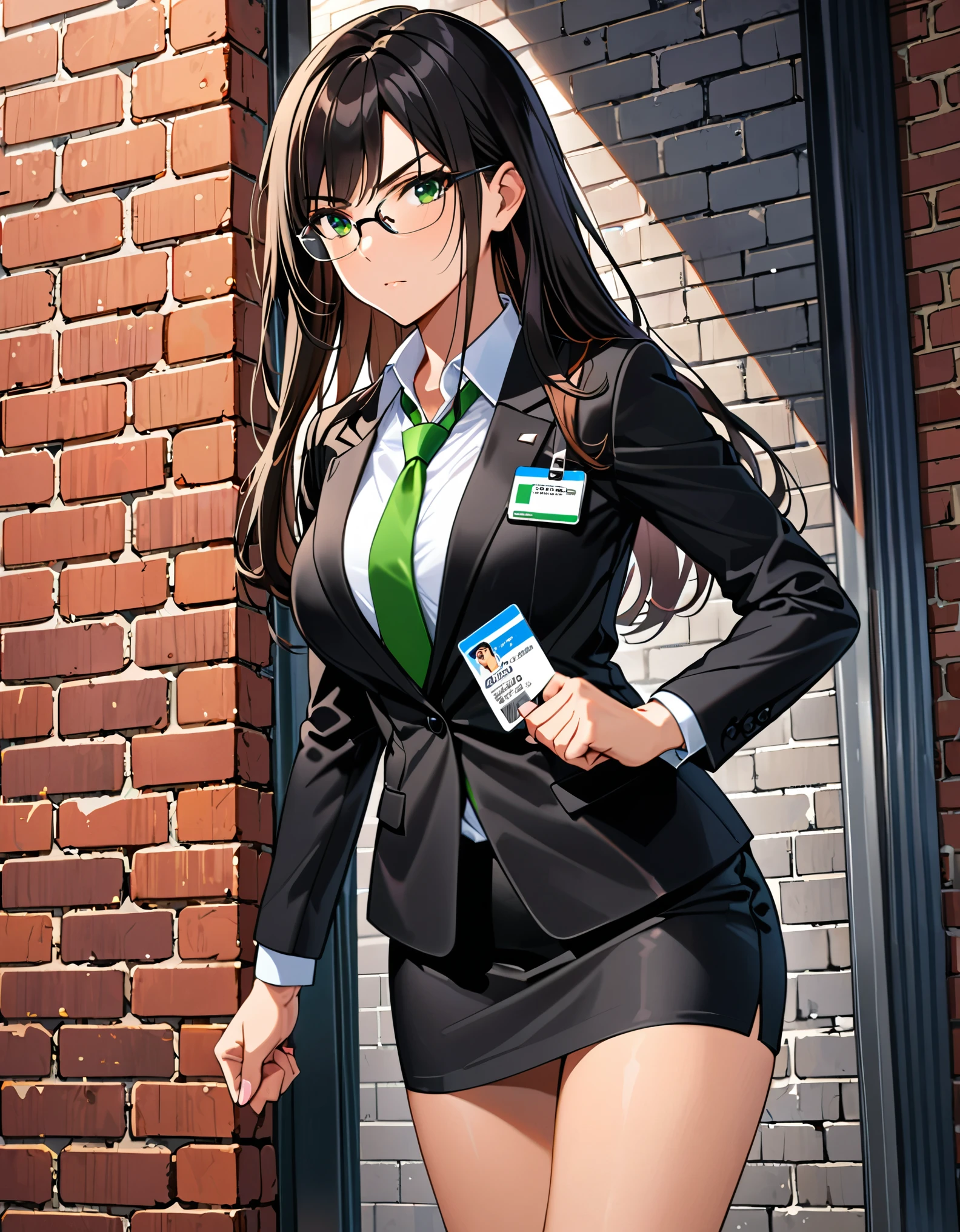 (masterpiece), (best quality), (high res), 1lady, tall body, beautiful detailed eyes, beautiful detailed face, glasses, confident look, perfect hands, complete fingers, perfect ???????, perfect proportions, ((jet black hair, medium hair, hair down)), ((green eyes)), ((black suit and tie, necktie, reporter's id card necklace)), (white shirt), ((pencil skirt, miniskirt, bare legs)), ((shoes, matching shoes, high heels)), breasts, medium breasts, (close-up), looking away, standing, clenched fist, serious, solo, solo focus, cowboy shot, brick wall, full body costume design.