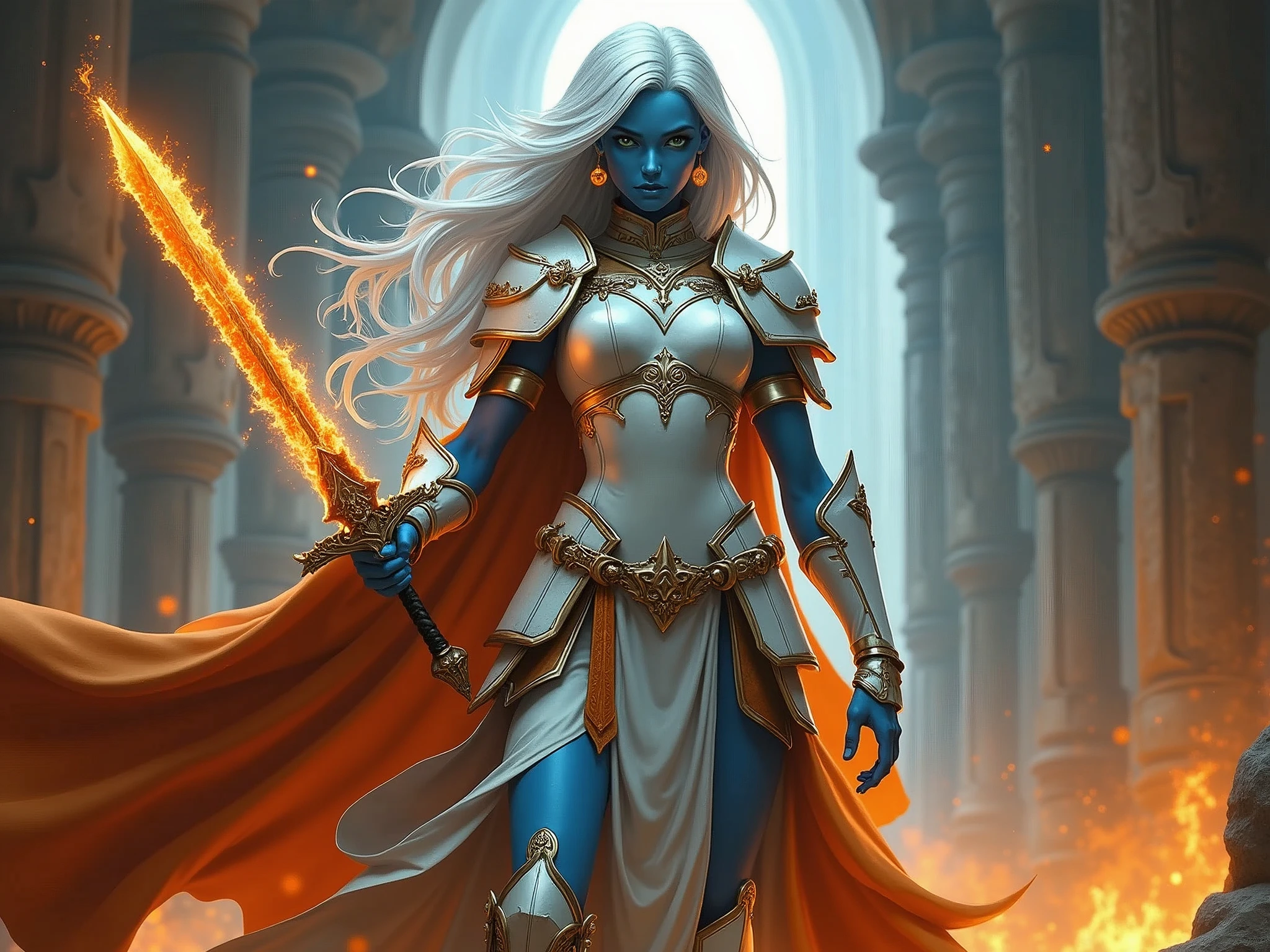 fantasy art, dnd art, RPG art, drkfntasy wide shot, (masterpiece: 1.4) portrait, intense details, highly detailed, photorealistic, best quality, highres, glowing particle portrait a vedalken female (fantasy art, Masterpiece, best quality: 1.3) (blue skin: 1.5), intense details facial details, exquisite beauty, (fantasy art, Masterpiece, best quality)cleric, (blue colored skin: 1.5) blue skinned female, (white hair: 1.3), long hair, intense green eye, (fantasy art, Masterpiece, best quality), (((no ears: 1.5))), armed a fiery sword red fire, wearing heavy (white: 1.3) half plate mail armor CM-Beautiful_armor wearing high heeled laced boots, wearing an(orange :1.3) cloak, wearing glowing holy symbol GLOWING EARRINGS, within fantasy temple background, reflection light, high details, best quality, 16k, [ultra detailed], masterpiece, best quality, (extremely detailed), close up, ultra wide shot, photorealistic, RAW, fantasy art, dnd art, fantasy art, realistic art, 