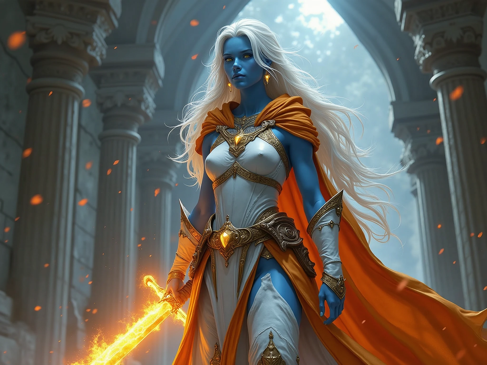 A close up of a woman with a sword in a building - SeaArt AI