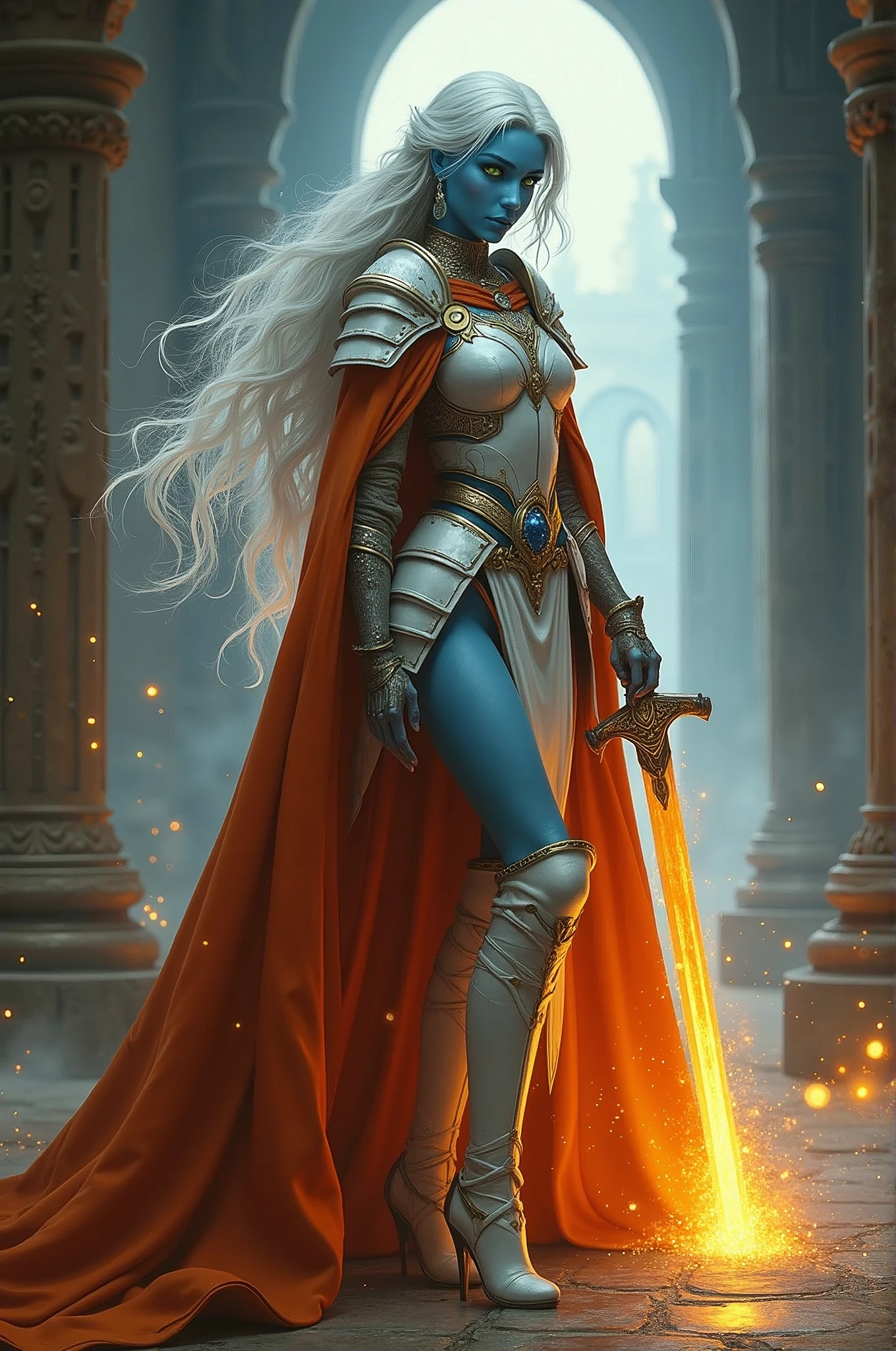 fantasy art, dnd art, RPG art, drkfntasy wide shot, (masterpiece: 1.4) portrait, intense details, highly detailed, photorealistic, best quality, highres, glowing particle portrait a vedalken female (fantasy art, Masterpiece, best quality: 1.3) (blue skin: 1.5), intense details facial details, exquisite beauty, (fantasy art, Masterpiece, best quality)cleric, (blue colored skin: 1.5) blue skinned female, (white hair: 1.3), long hair, intense green eye, (fantasy art, Masterpiece, best quality), (((no ears: 1.5))), armed a fiery sword red fire, wearing heavy (white: 1.3) half plate mail armor CM-Beautiful_armor wearing high heeled laced boots, wearing an(orange :1.3) cloak, wearing glowing holy symbol GLOWING EARRINGS, within fantasy temple background, reflection light, high details, best quality, 16k, [ultra detailed], masterpiece, best quality, (extremely detailed), close up, ultra wide shot, photorealistic, RAW, fantasy art, dnd art, fantasy art, realistic art, 