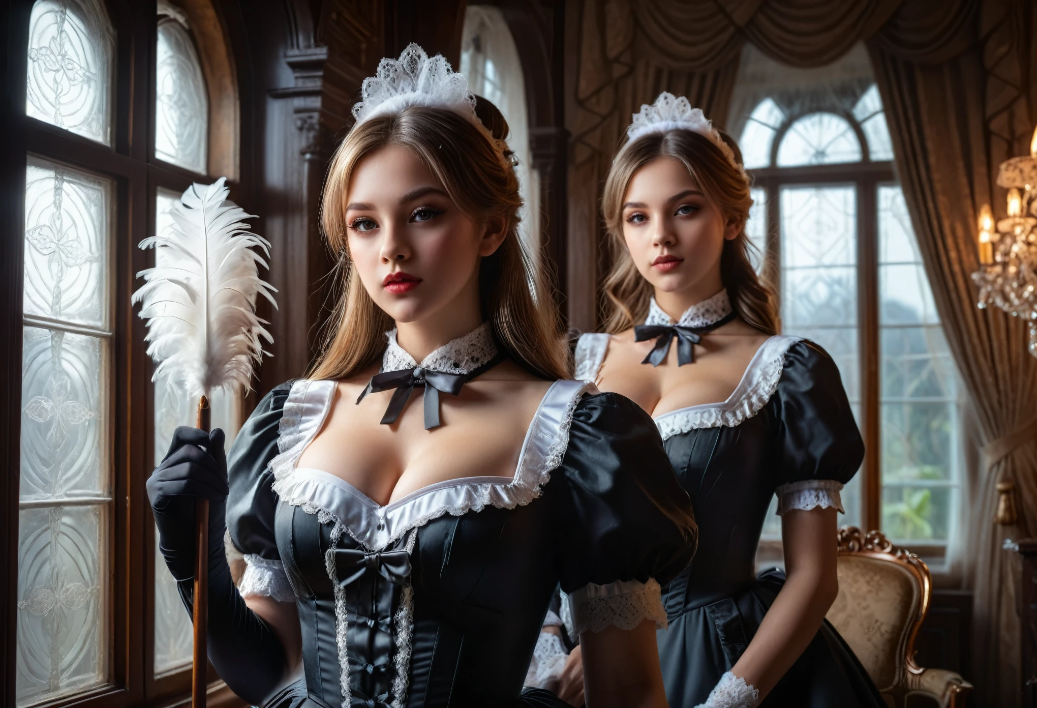 2girls, Maid Outfit, a beautiful maid with long straight hair, detailed eyes, detailed lips, extremely detailed face, long eyelashes, intricate maid uniform with lace and ribbons, holding a feather duster, standing in a luxurious victorian-style room, window light, dramatic lighting, cinematic composition, highly detailed, photorealistic, 8k, masterpiece, big breast