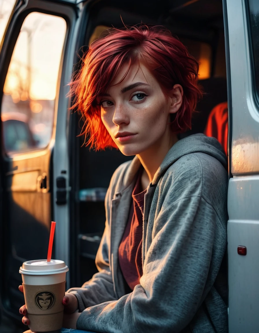 Cinematic photorealistic picture of a beautiful homeless girl with a short red hairstyle, sitting in the opening door of a van at home with a cup of coffee to go, hungry, try to remain positive in her uncertain future, sad eye, hips, shallow depth of field, Evening natural light merges with the neon light of the city