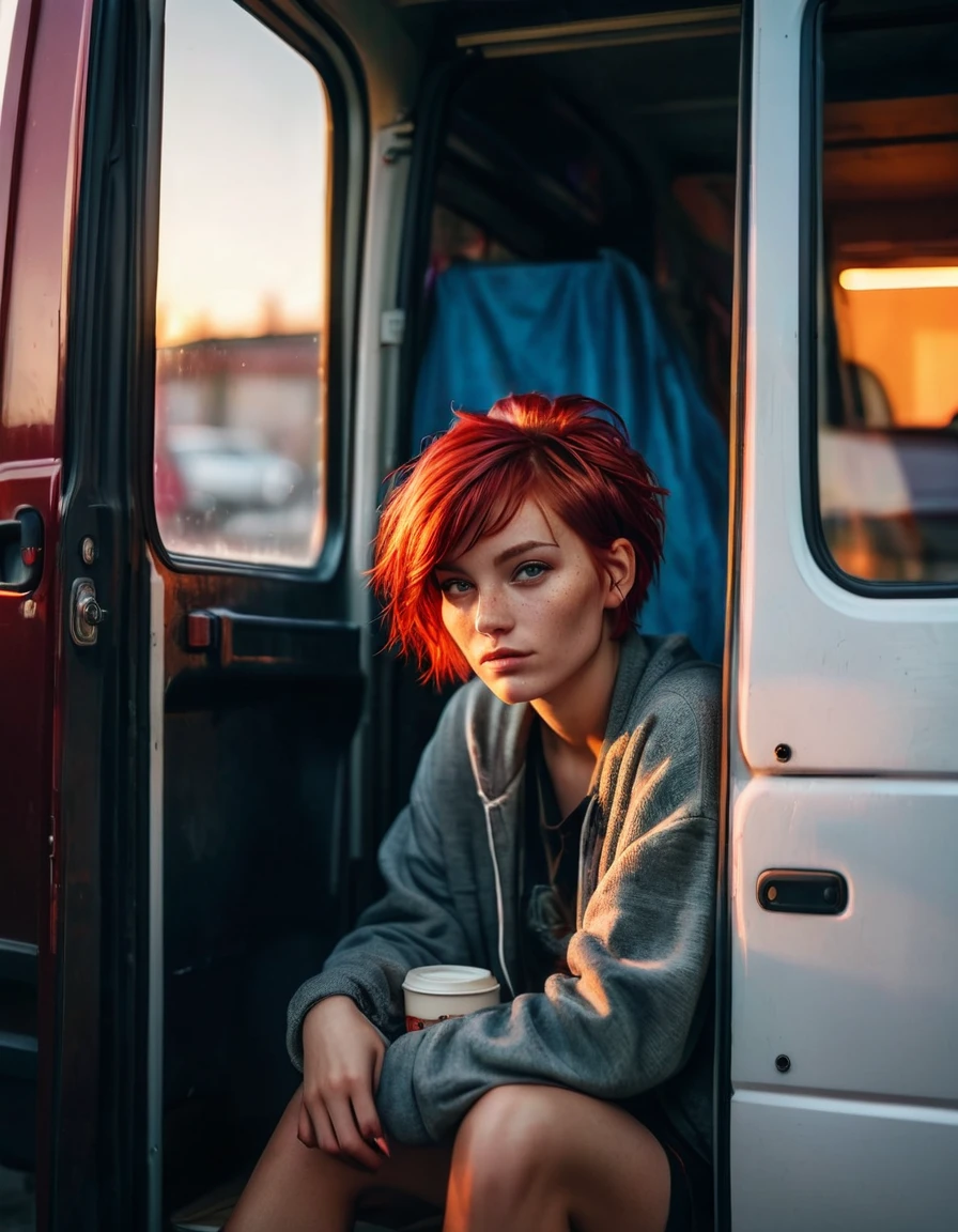 Cinematic photorealistic picture of a beautiful homeless girl with a short red hairstyle, sitting in the opening door of a van at home with a cup of coffee to go, hungry, try to remain positive in her uncertain future, sad eye, hips, shallow depth of field, Evening natural light merges with the neon light of the city