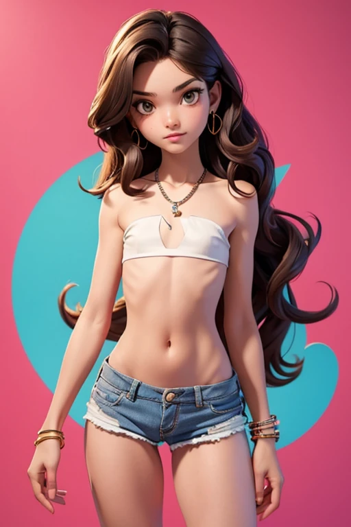 1girl,sfw, long wavy hair, (skinny body),((flat chest like a boy)) mini shorts, bracelets, necklaces, posing, hot summer, Miami vibes.  Topless