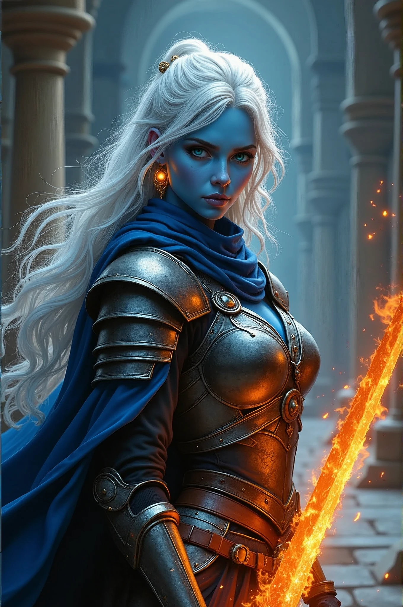 fantasy art, dnd art, RPG art, drkfntasy wide shot, (masterpiece: 1.4) portrait, intense details, highly detailed, photorealistic, best quality, highres, glowing particle portrait a vedalken female (fantasy art, Masterpiece, best quality: 1.3) (blue skin: 1.5), intense details facial details, exquisite beauty, (fantasy art, Masterpiece, best quality)cleric, (blue colored skin: 1.5) blue skinned female, (white hair: 1.3), long hair, intense green eye, fantasy art, Masterpiece, best quality) armed a fiery sword red fire, wearing heavy (white: 1.3) half plate mail armor CM-Beautiful_armor wearing high heeled laced boots, wearing an(orange :1.3) cloak, wearing glowing holy symbol GLOWING EARRINGS, within fantasy temple background, reflection light, high details, best quality, 16k, [ultra detailed], masterpiece, best quality, (extremely detailed), close up, ultra wide shot, photorealistic, RAW, fantasy art, dnd art, fantasy art, realistic art,