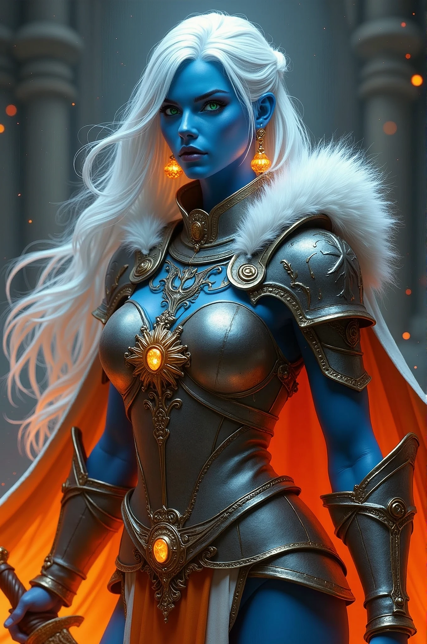 fantasy art, dnd art, RPG art, drkfntasy wide shot, (masterpiece: 1.4) portrait, intense details, highly detailed, photorealistic, best quality, highres, glowing particle portrait a vedalken female (fantasy art, Masterpiece, best quality: 1.3) (blue skin: 1.5), intense details facial details, exquisite beauty, (fantasy art, Masterpiece, best quality)cleric, (blue colored skin: 1.5) blue skinned female, (white hair: 1.3), long hair, intense green eye, fantasy art, Masterpiece, best quality) armed a fiery sword red fire, wearing heavy (white: 1.3) half plate mail armor CM-Beautiful_armor wearing high heeled laced boots, wearing an(orange :1.3) cloak, wearing glowing holy symbol GLOWING EARRINGS, within fantasy temple background, reflection light, high details, best quality, 16k, [ultra detailed], masterpiece, best quality, (extremely detailed), close up, ultra wide shot, photorealistic, RAW, fantasy art, dnd art, fantasy art, realistic art,