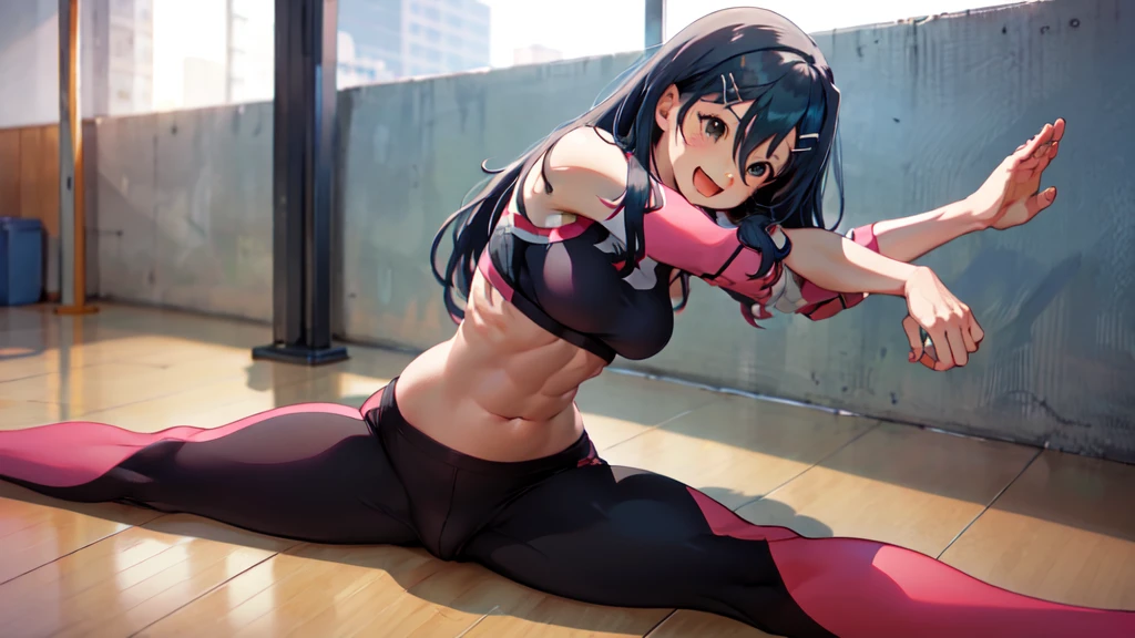 oribe tsubasa, hairclip, hair ornament, 1girl, solo, yoga pants, sports bra, An athletic body, serious, split, spread legs, sitting, Sitting, On the floor, Split Horizon, stretch, horizontal splits, stretch regs, hands on floor, smile, open mouth